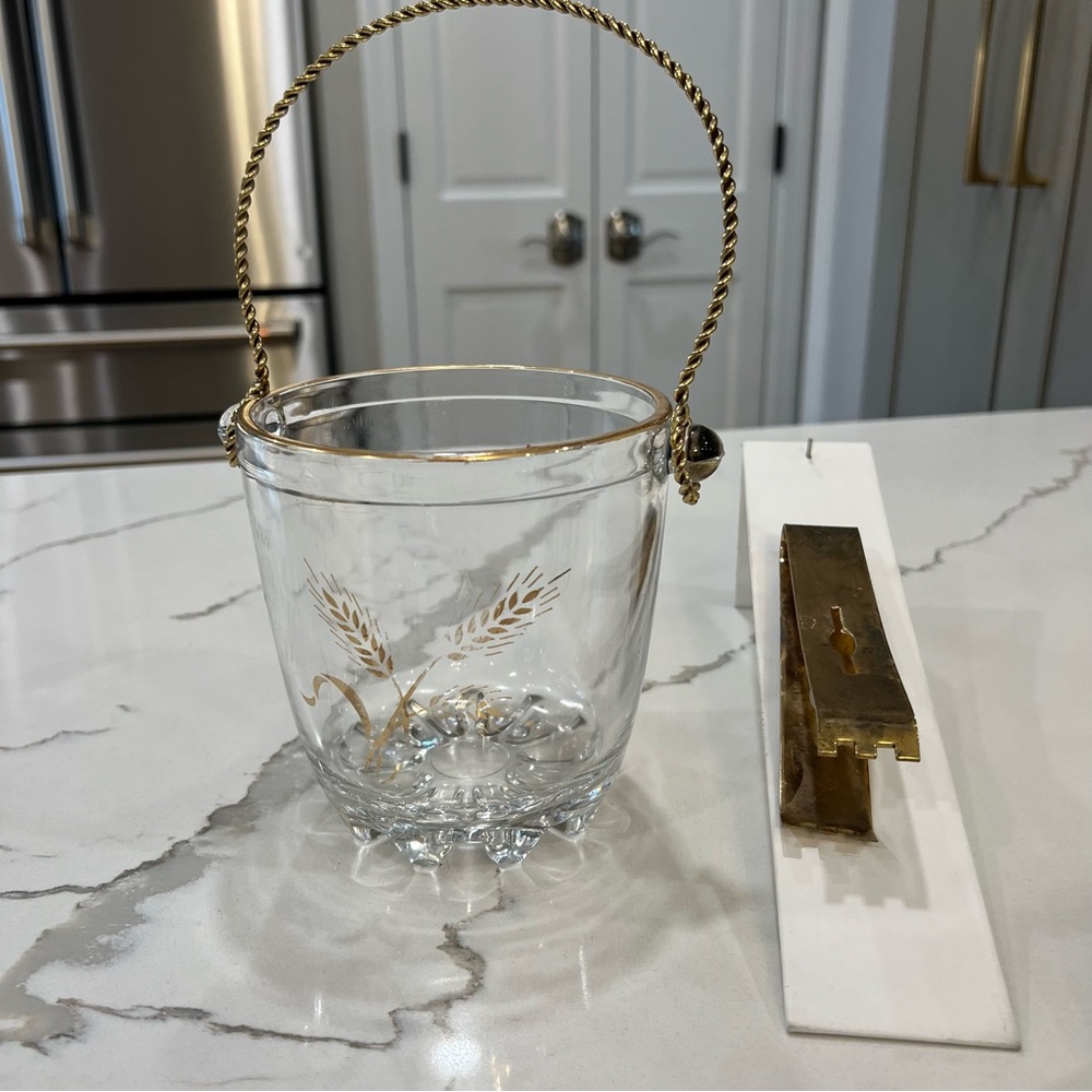 Vintage Crystal Ice Bucket With Gold Handle And Tongs